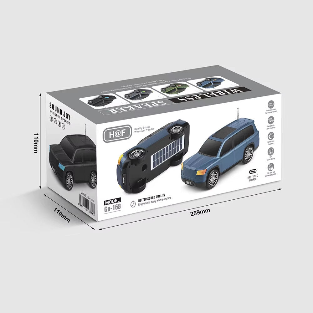 Green off-road SUV Bluetooth speaker with solar panel, H@F GU-168, rugged portable wireless audio with FM radio.