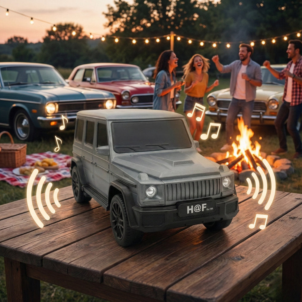 Black Jeep-style Bluetooth speaker with solar charging, H@F GU-188 rugged portable wireless audio for outdoors