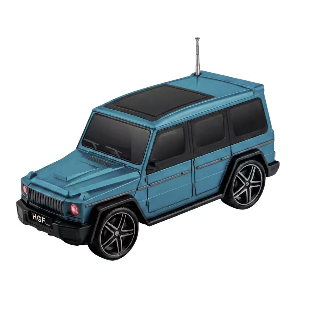 Blue Jeep-style Bluetooth speaker with solar charging, H@F GU-188 rugged portable wireless audio for man cave decor.