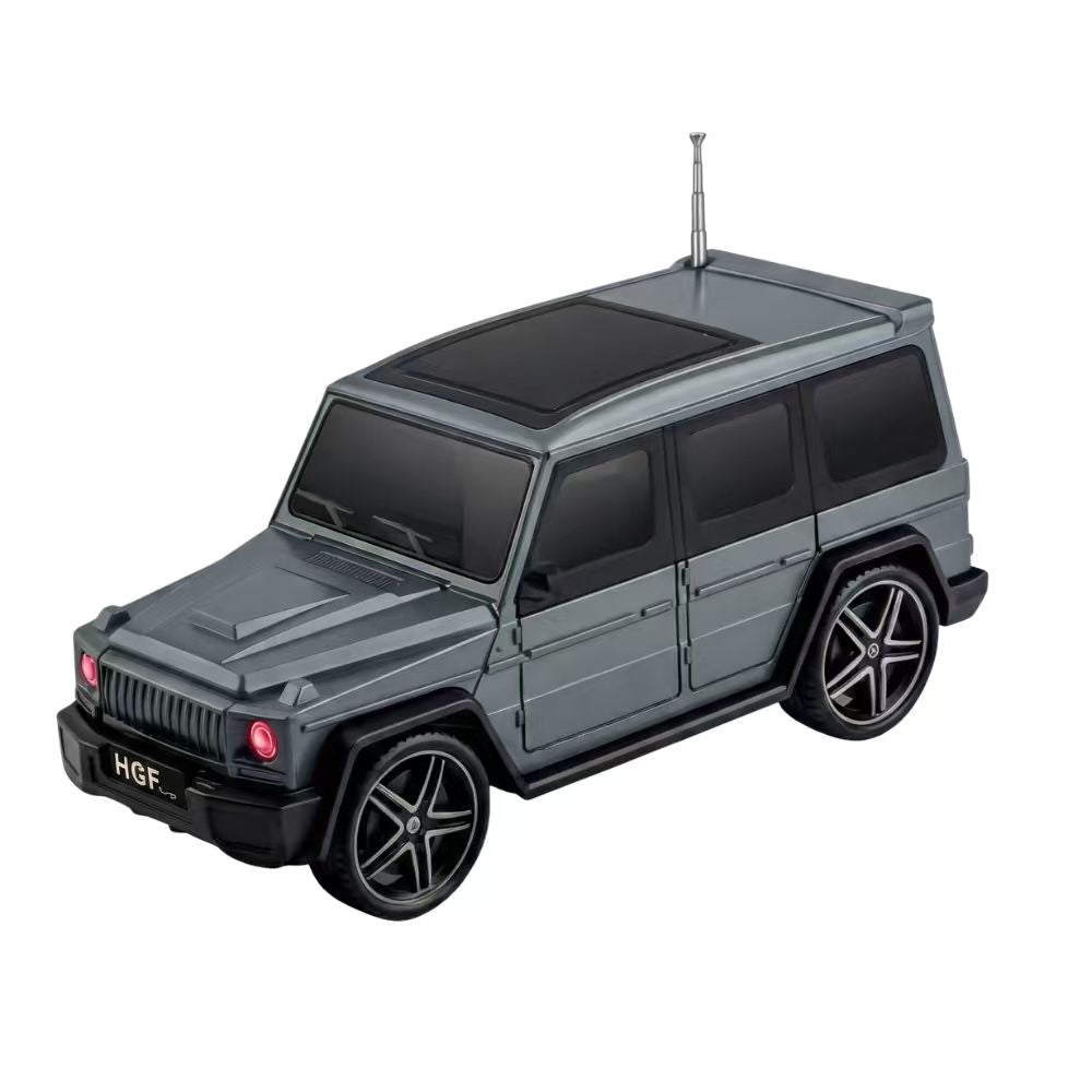 Gray Jeep-style Bluetooth speaker with solar charging, rugged portable wireless audio, H@F GU-188 outdoor stereo.