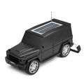 Black luxury SUV Jeep-style Bluetooth speaker, H@F HF-F88, solar charging portable wireless audio with carry strap.