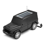 Black luxury SUV Jeep-style Bluetooth speaker, H@F HF-F88, solar charging portable wireless audio with carry strap.