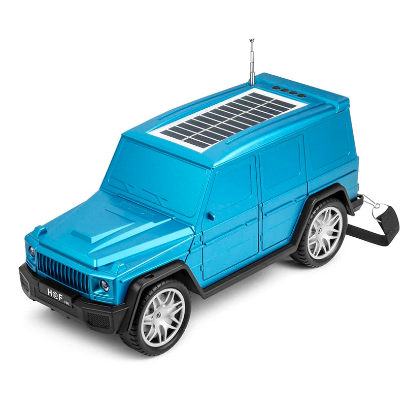 Blue luxury SUV Jeep Bluetooth speaker, H@F HF-F88, solar charging portable wireless audio with carry strap