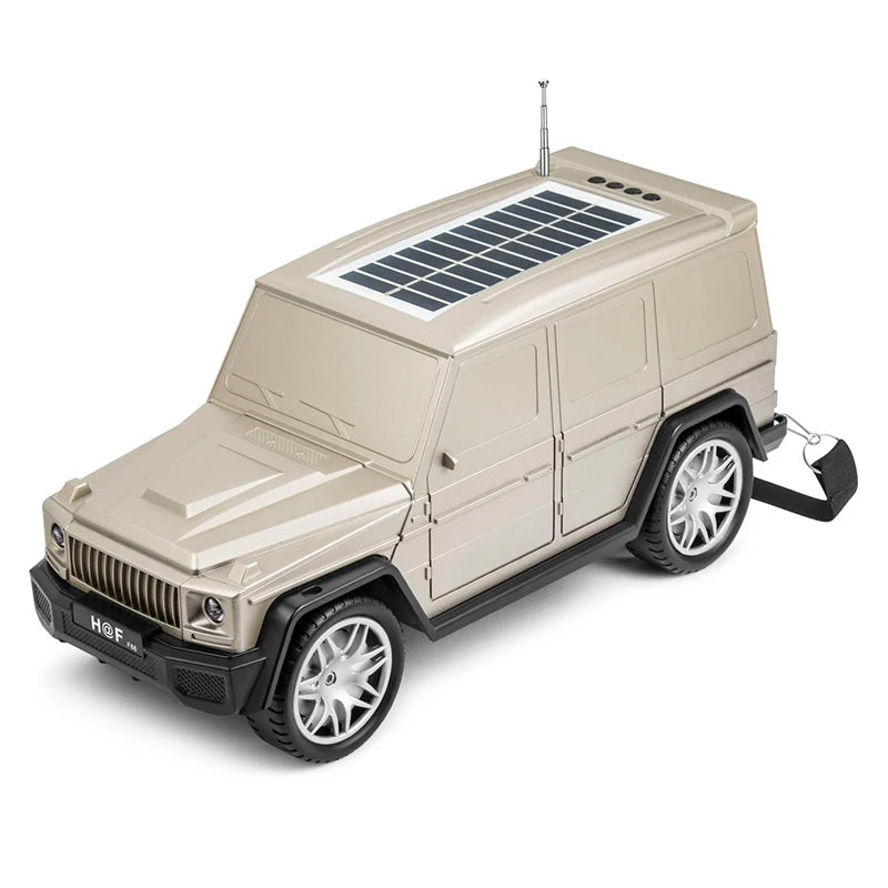 Gold luxury SUV Jeep-style Bluetooth speaker with solar charging and carry strap, H@F HF-F88 portable wireless audio
