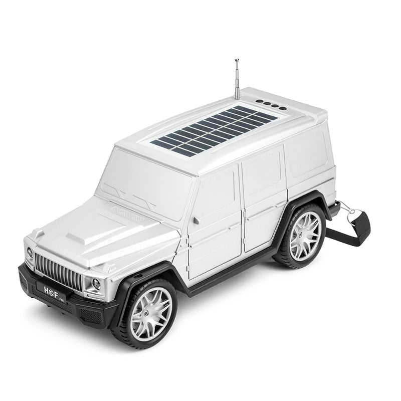 Silver luxury SUV Jeep Bluetooth speaker, H@F HF-F88, solar charging portable wireless audio with carry strap