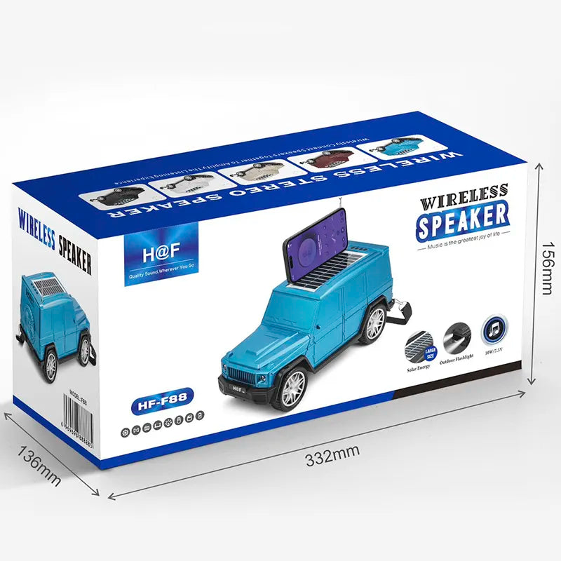H@F HF-F88 luxury SUV Jeep Bluetooth speaker with solar charging, carry strap and multi-input portable wireless audio.