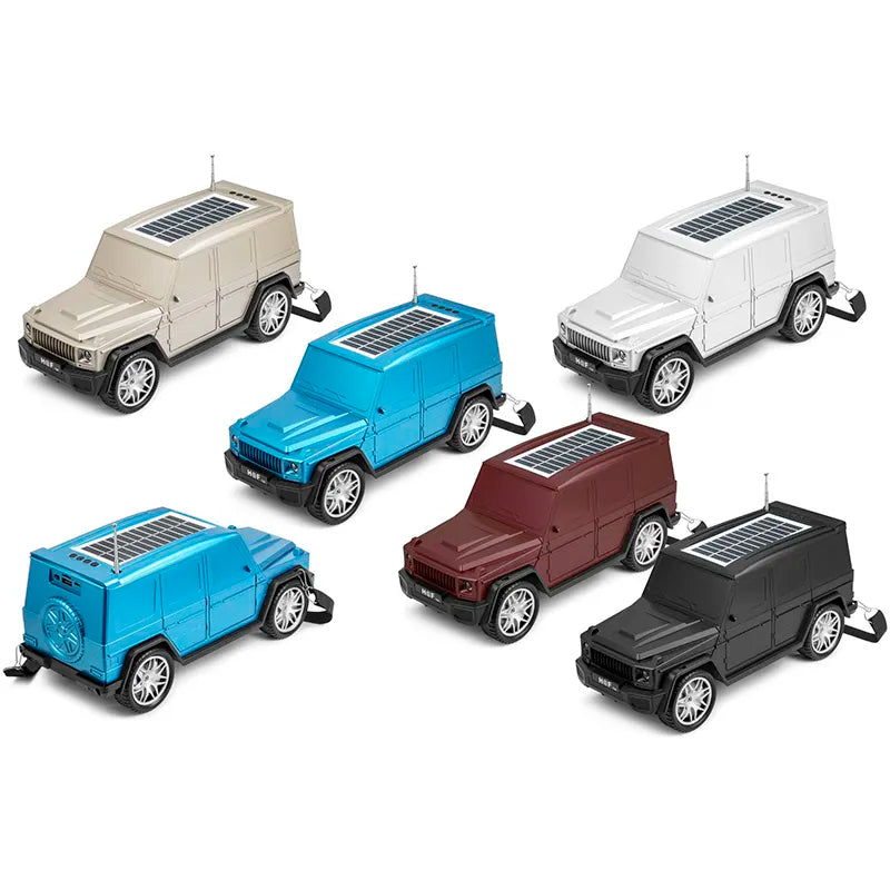 Black luxury SUV Jeep Bluetooth speaker HF-F88 with solar charging and carry strap, portable desk setup accessory