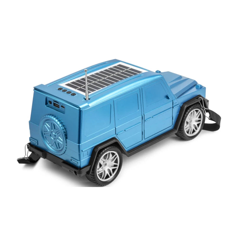 White luxury SUV Jeep Bluetooth speaker with solar charging and carry strap, H@F HF-F88 portable desk setup accessory.