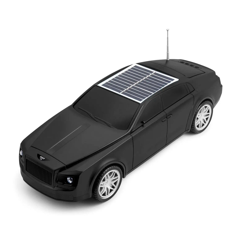 Black luxury car design solar Bluetooth speaker, H@F F98, portable wireless audio desk setup accessory.
