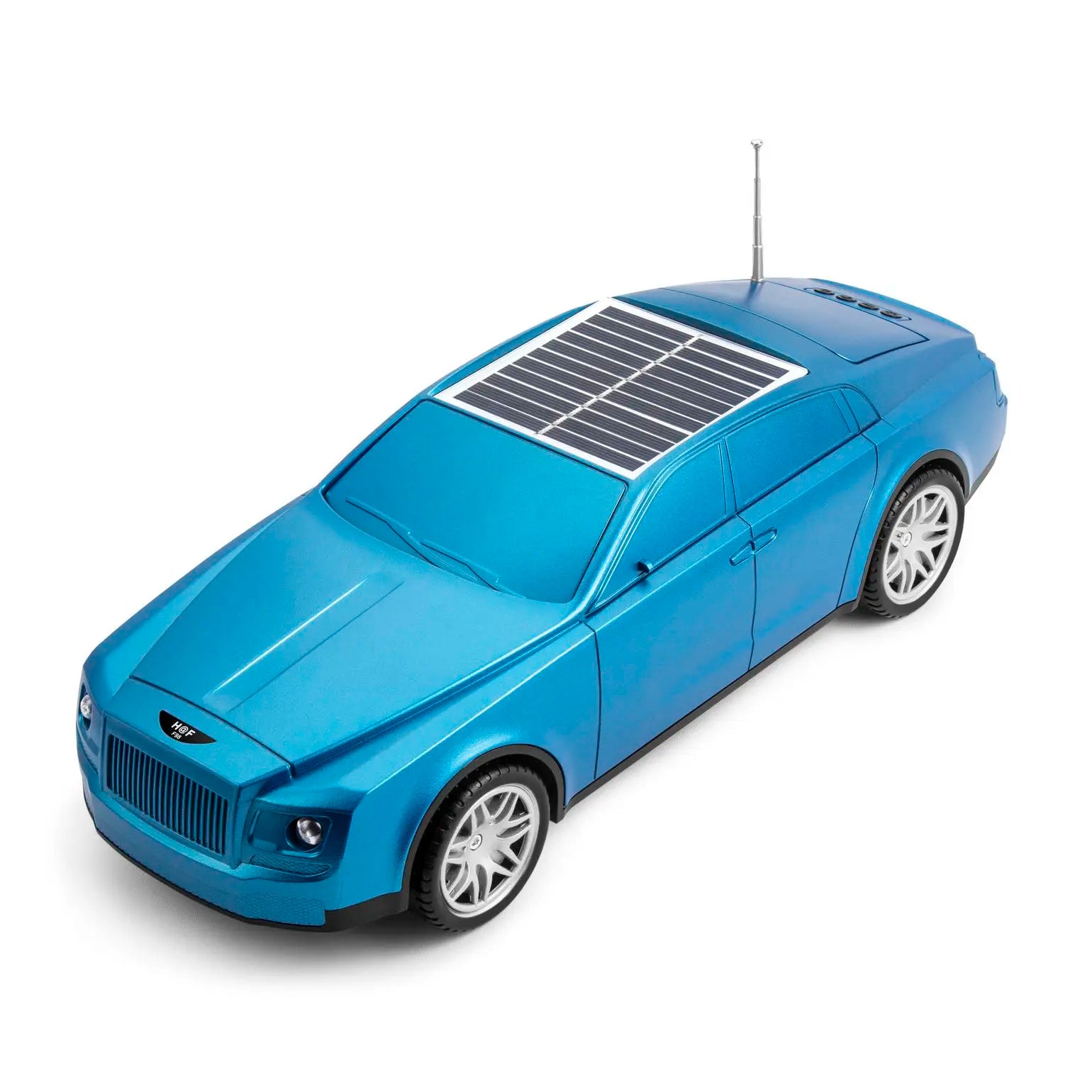 Blue luxury car design solar Bluetooth speaker, H@F F98, portable wireless audio desk setup accessory.