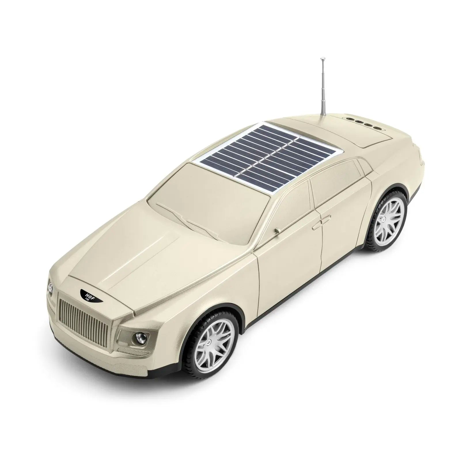 Gold luxury car solar Bluetooth speaker H@F F98, portable wireless audio desk setup accessory and car guy gift.