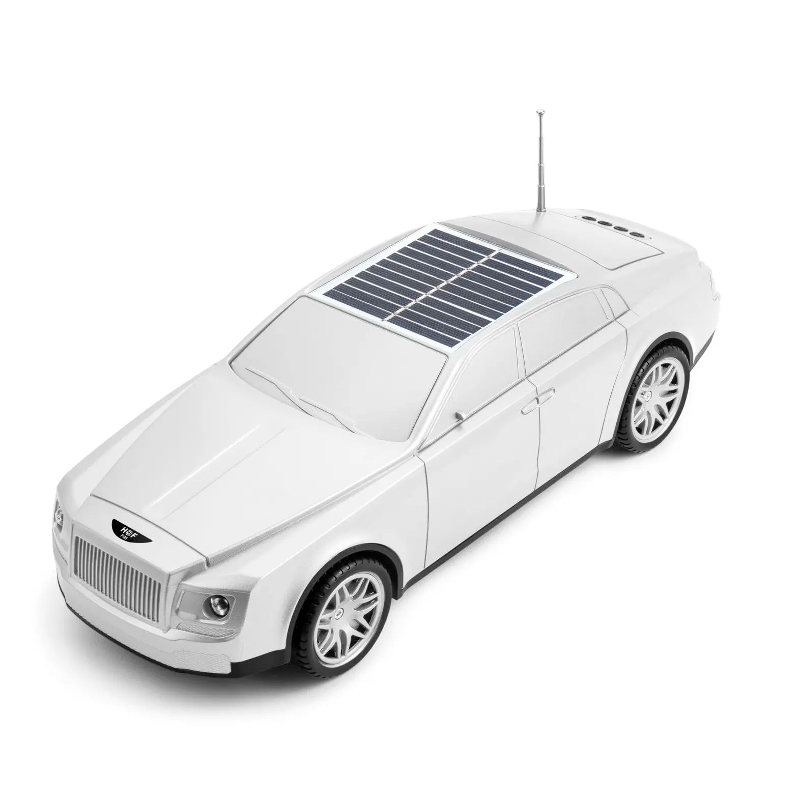 Silver luxury car design solar Bluetooth speaker, H@F F98, portable wireless audio desk setup accessory.