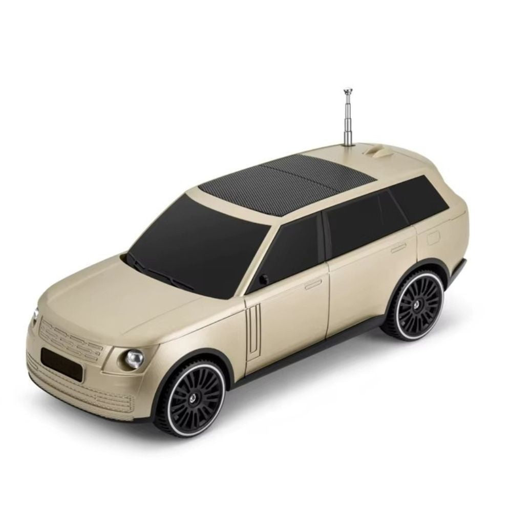 Gold SUV-inspired Bluetooth speaker with solar charging and FM radio, H@F F-119, super bass desk decor gift.