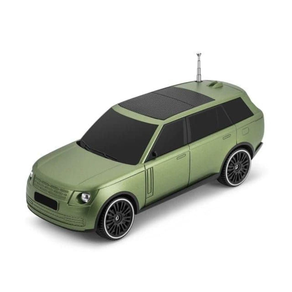 Green SUV-inspired Bluetooth speaker with solar charging and FM radio, H@F F-119, super bass desk setup accessory.