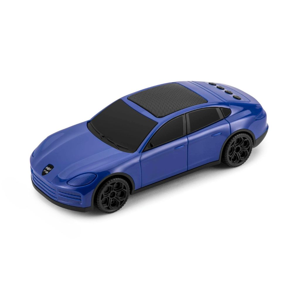 Blue grand touring sports car Bluetooth speaker, H@F F-138, portable wireless audio desk setup accessory.
