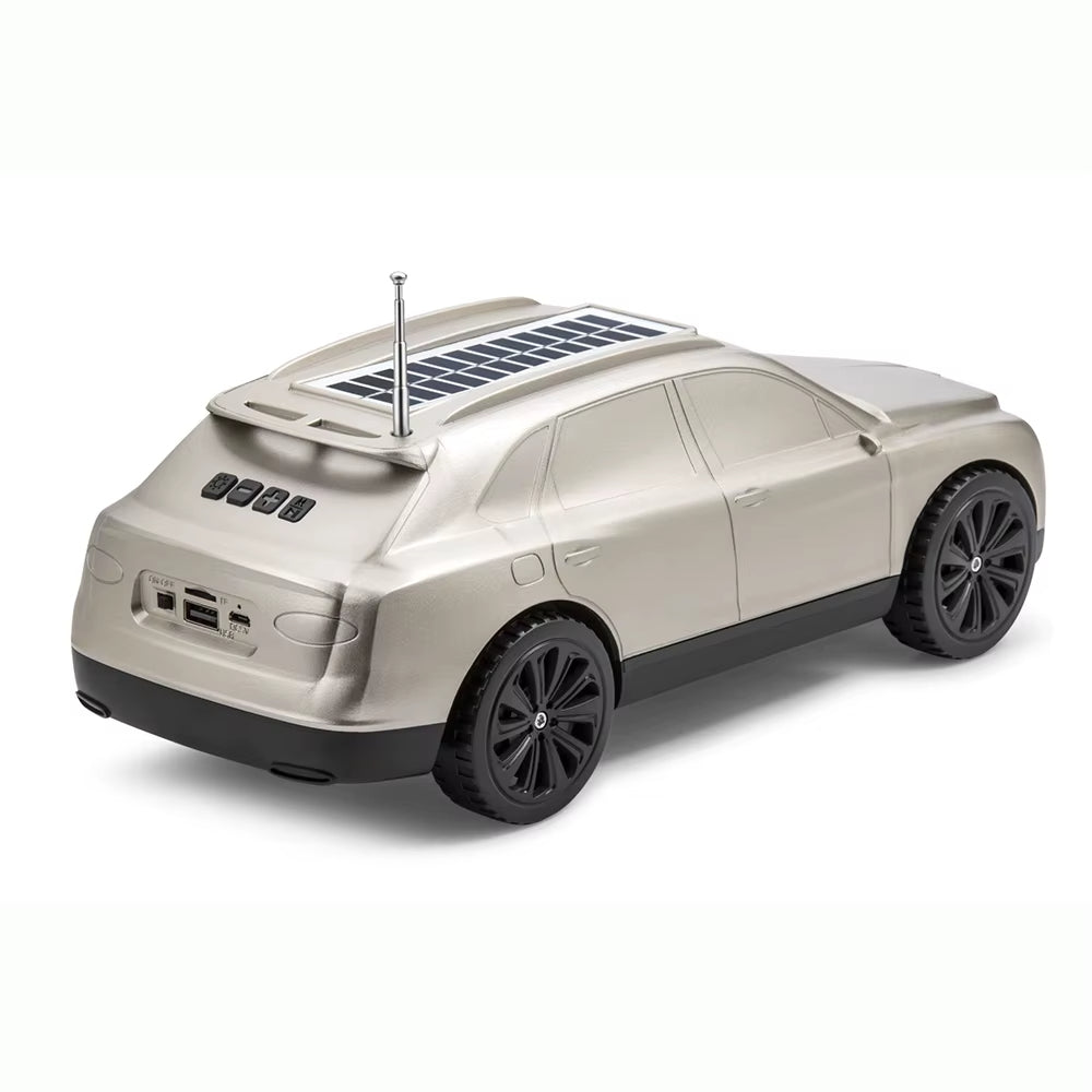 Luxury car replica Bluetooth speaker with solar panel charging, H@F F-68, robust stereo bass desk setup accessory.