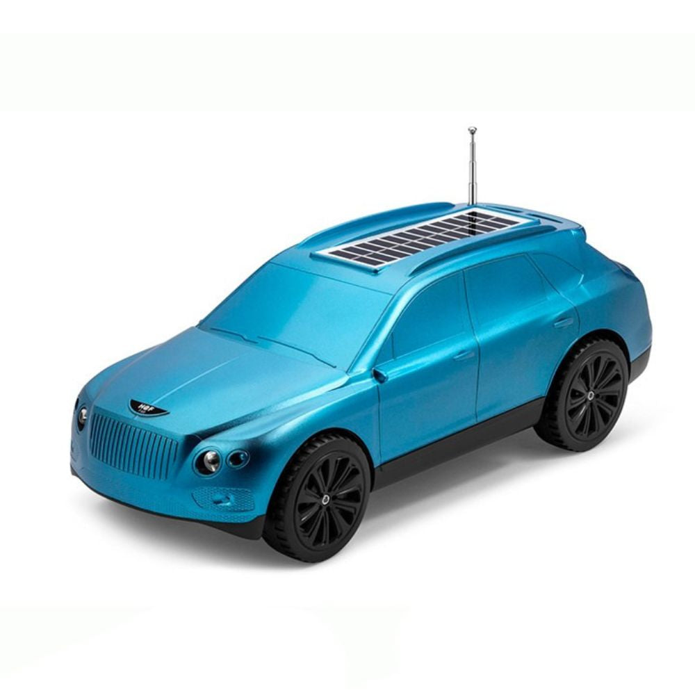 Blue luxury car Bluetooth speaker with solar panel charging, H@F F-68, robust stereo bass desk setup accessory.