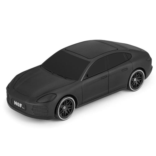 Black H@F F-911 solar-powered car model Bluetooth speaker with FM radio, super bass desk setup accessory.