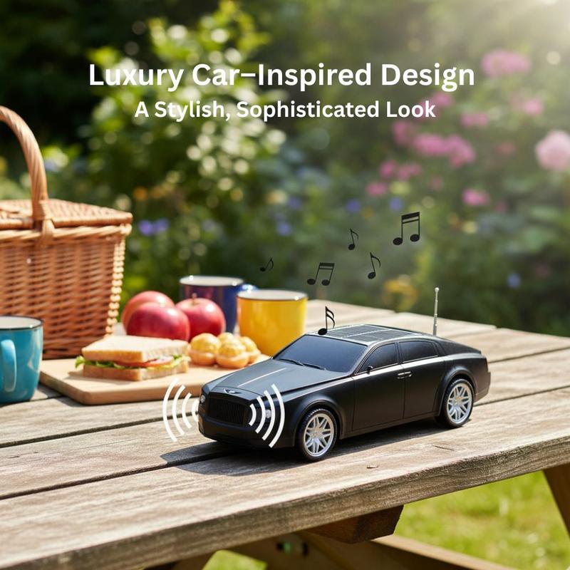H@F F98 luxury car design solar Bluetooth speaker, desk setup accessory with portable wireless audio.