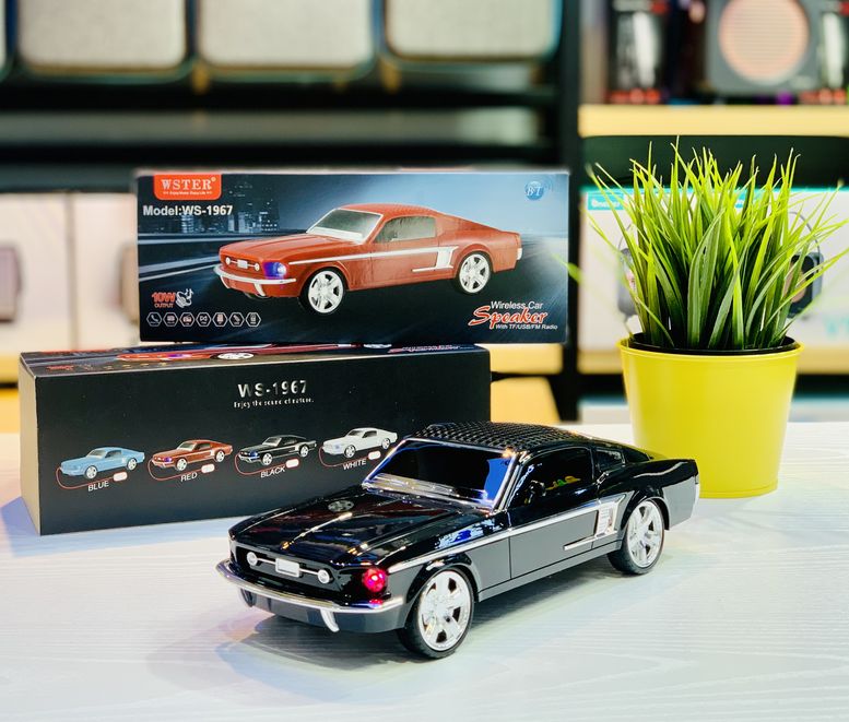 Classic Mustang GT car-shaped Bluetooth speaker with LED lights, WSTER WS-1967, retro desk setup accessory.
