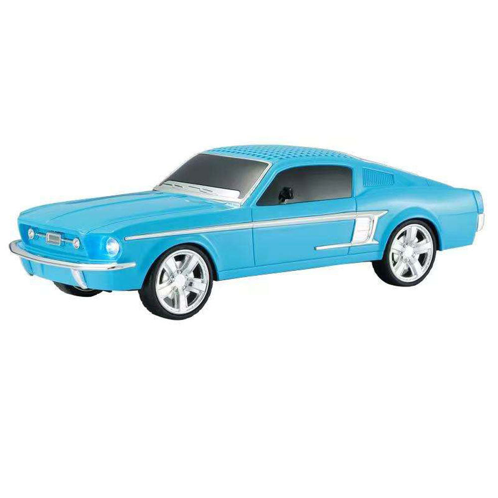 Light blue 1967 Mustang GT classic car Bluetooth speaker, WSTER WS-1967, portable desk setup accessory with LED.