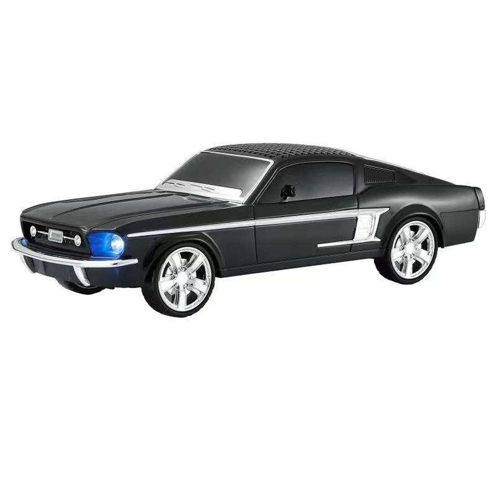 Black 1967 Mustang GT classic car Bluetooth speaker, WSTER WS-1967, LED light portable wireless audio desk decor.