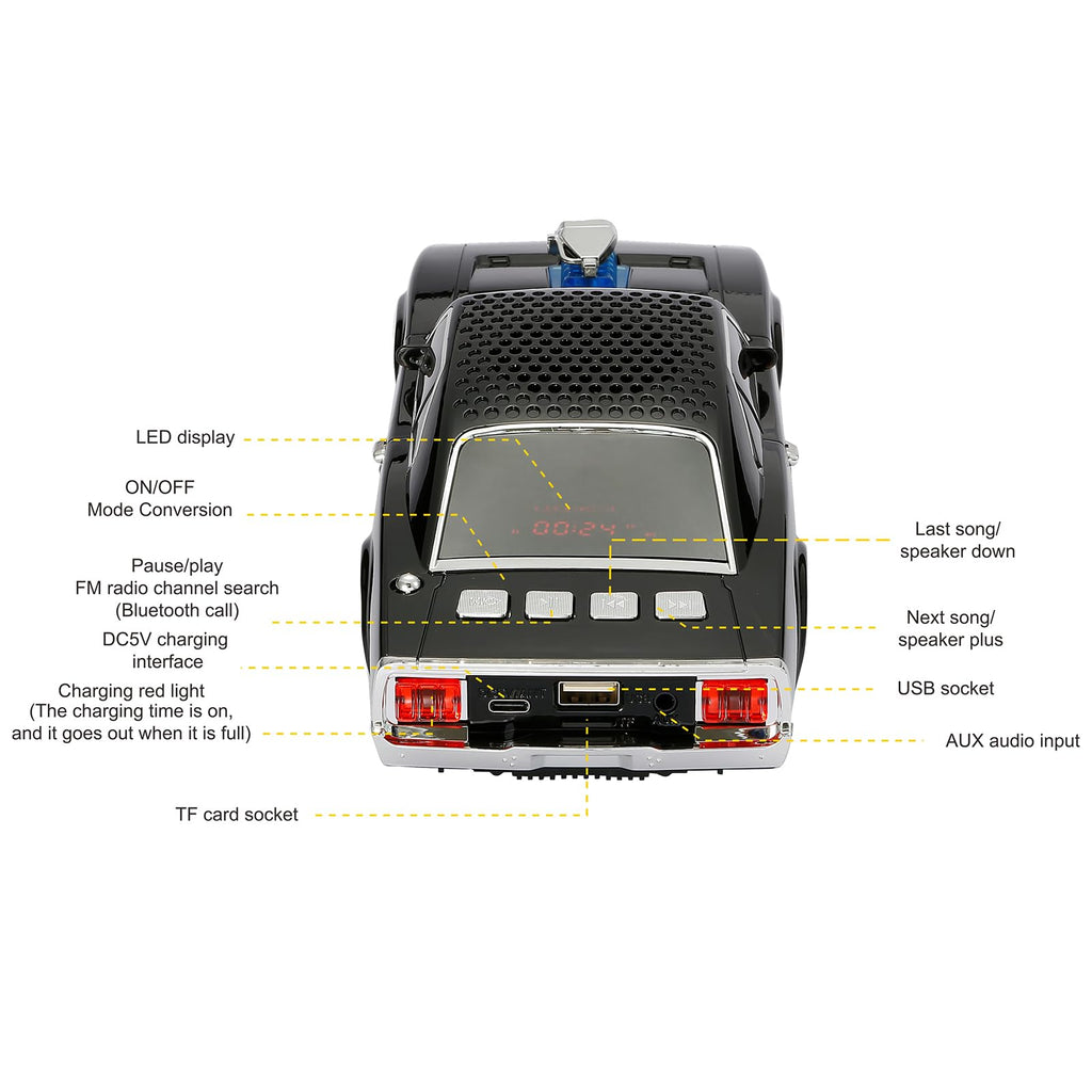 Black retro classic car Bluetooth speaker, WSTER WS-1968, FM radio USB/SD/AUX portable desk setup accessory.