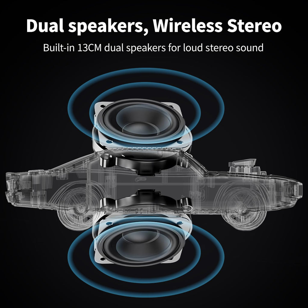 Black retro classic car Bluetooth speaker, WSTER WS-1968, FM radio USB/SD/AUX portable desk setup accessory.