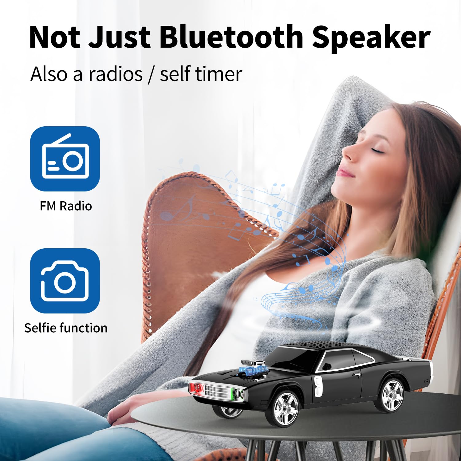 Black retro classic car Bluetooth speaker, WSTER WS-1968, FM radio USB/SD/AUX desk setup accessory.