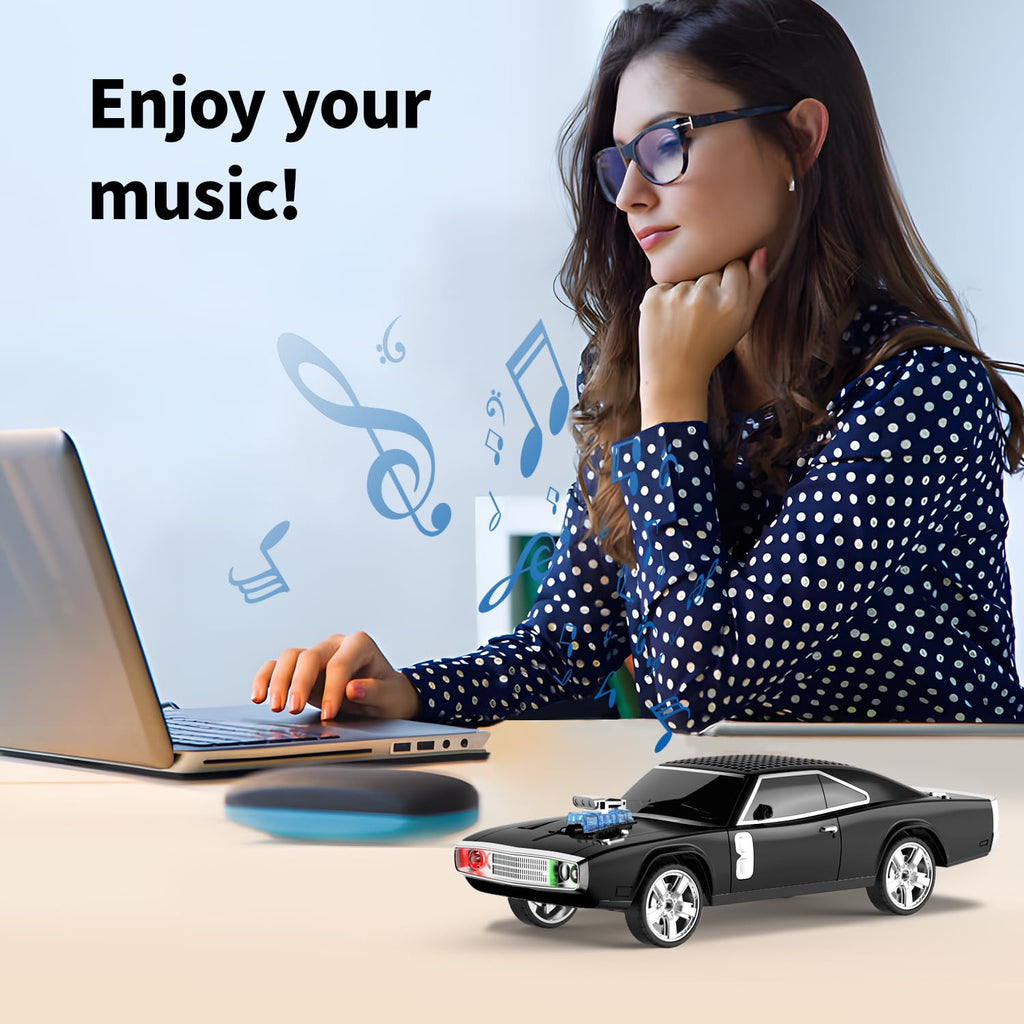 Black retro classic car Bluetooth speaker, WSTER WS-1968, FM radio USB/SD/AUX portable desk setup accessory.