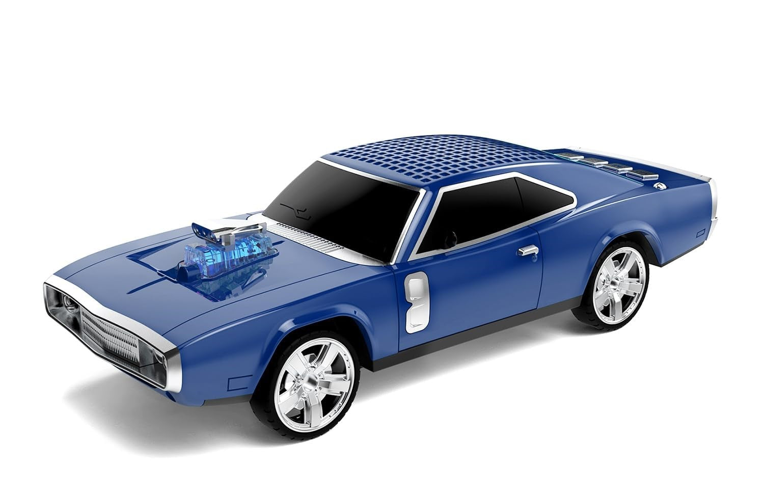 Navy blue retro car Bluetooth speaker, WSTER WS-1968, FM radio USB/SD/AUX desk setup accessory.