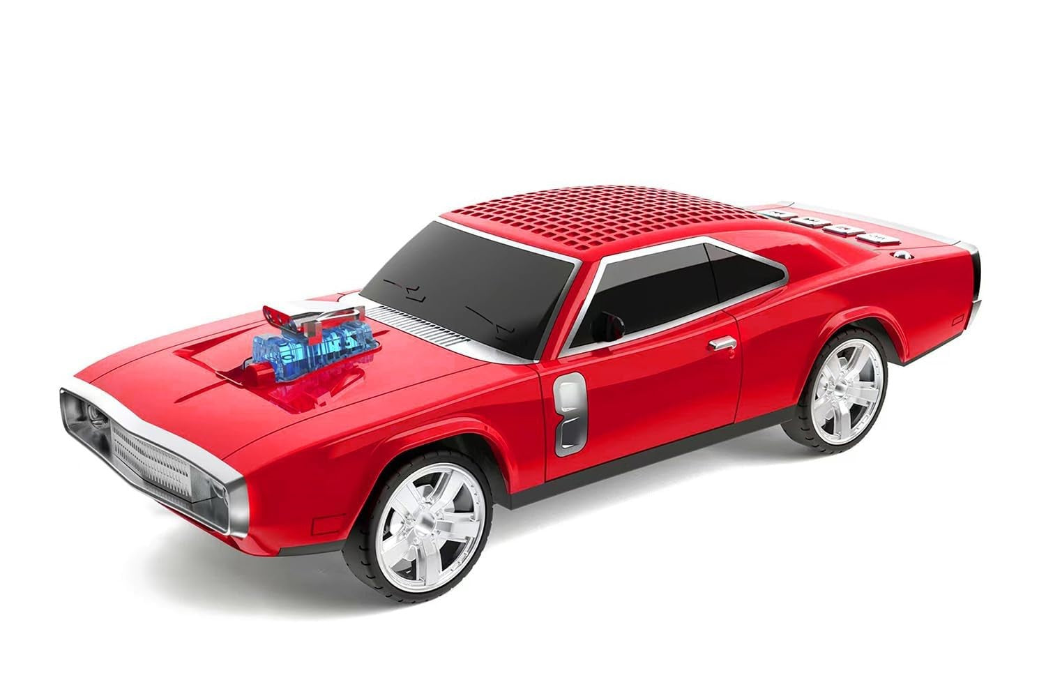 Red classic car Bluetooth speaker, WSTER WS-1968 Retro Ride, FM radio USB/SD/AUX desk setup accessory.