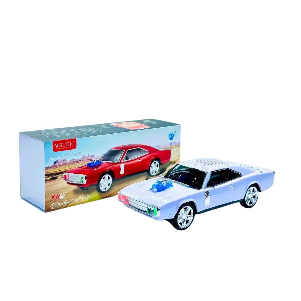 White retro classic car Bluetooth speaker, WSTER WS-1968, FM/USB/SD/AUX desk setup accessory.