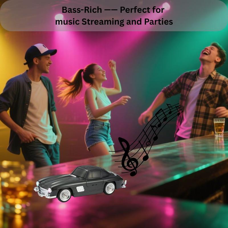 Silver classic roadster car Bluetooth speaker with LED lights, WSTER WS-300SL, portable desk setup accessory.