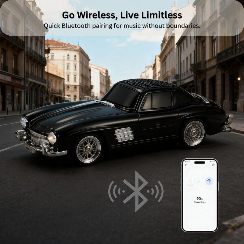 Classic roadster car Bluetooth speaker with LED lights, WSTER WS-300SL, portable hi-fi desk setup accessory.