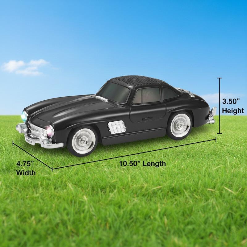 Silver classic roadster car Bluetooth speaker, WSTER WS-300SL, portable hi-fi stereo with LED lights for desk decor
