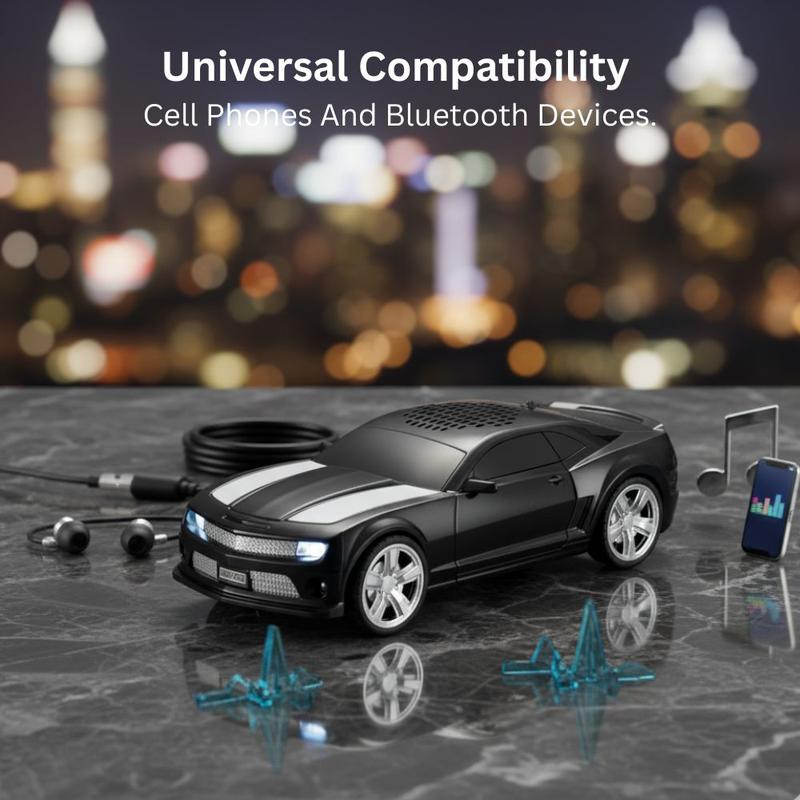 American race car coupe Bluetooth speaker with LED lights, surround sound, WSTER WS-592 desk setup accessory.