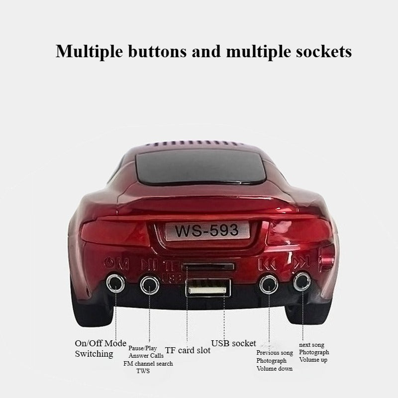 Modern compact car Bluetooth speaker with LED lights, WSTER WS-593, portable wireless audio desk decor.