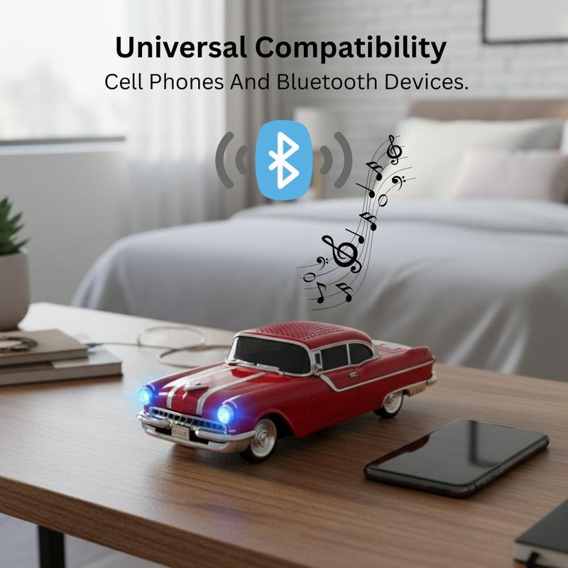 1958 Chevy-inspired vintage car Bluetooth speaker with LED lights, WSTER WS-598, retro desk setup accessory.