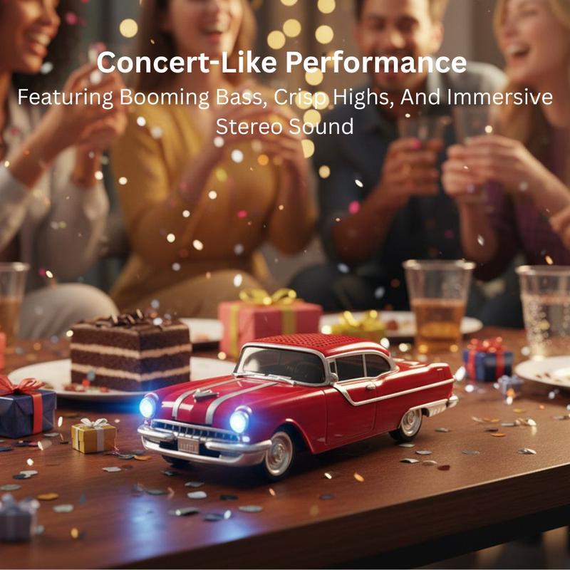 1958 Chevy-inspired vintage car Bluetooth speaker with LED lights, WSTER WS-598, retro desk setup accessory.