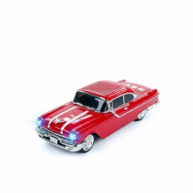 Red 1958 Chevy-style vintage car Bluetooth speaker with LED lights, WSTER WS-598 retro desk setup accessory.