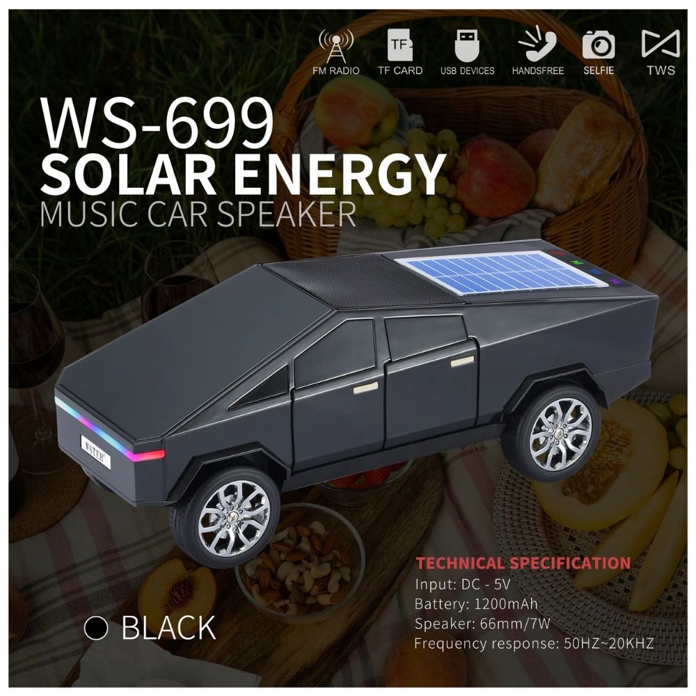 Black cybercar Bluetooth speaker with solar charging, LED lights and FM radio, WSTER WS-699 desk decor.