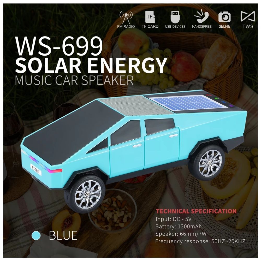 Blue cybercar-style Bluetooth speaker with solar charging, LED lights and FM radio, WSTER WS-699 desk accessory.