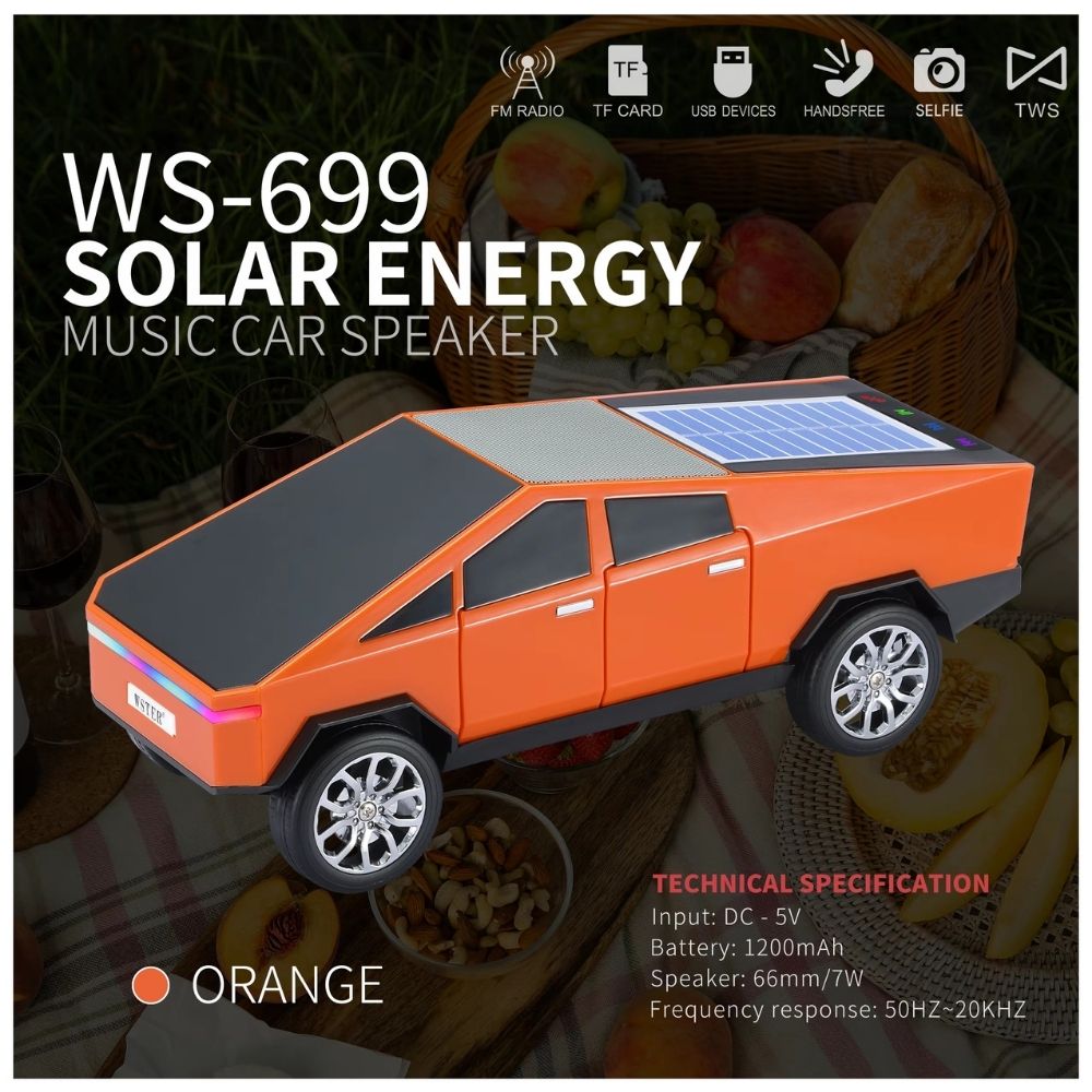 Orange cybertruck-style Bluetooth speaker with solar charging, LED lights and FM radio, WSTER WS-699 desk decor.