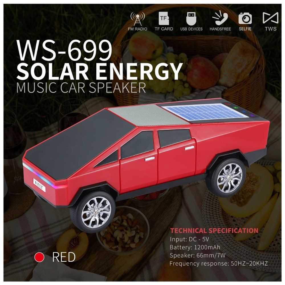 Red cybertruck-style Bluetooth speaker with solar charging, LED lights and FM radio, WSTER WS-699 desk decor.