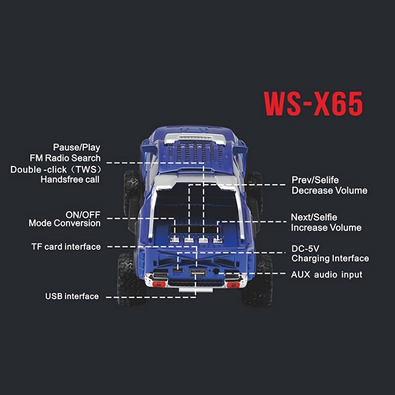 WSTER WS-X65 monster truck Bluetooth speaker with LED lights, engine sound effect, FM/TF/USB man cave decor