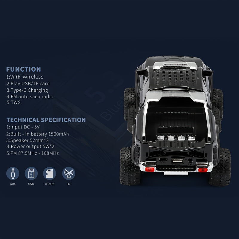 Rugged monster truck Bluetooth speaker with LED lights and engine sound, WSTER WS-X65, man cave desk decor.