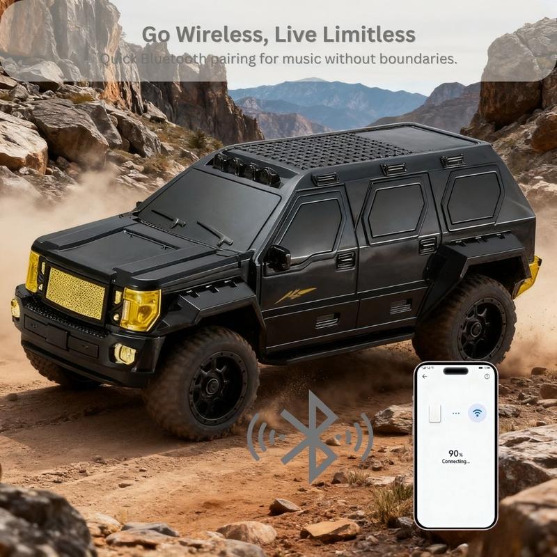 Rugged SUV car-shaped Bluetooth wireless speaker with LED lights, WSTER WS-1869, man cave desk decor gift.