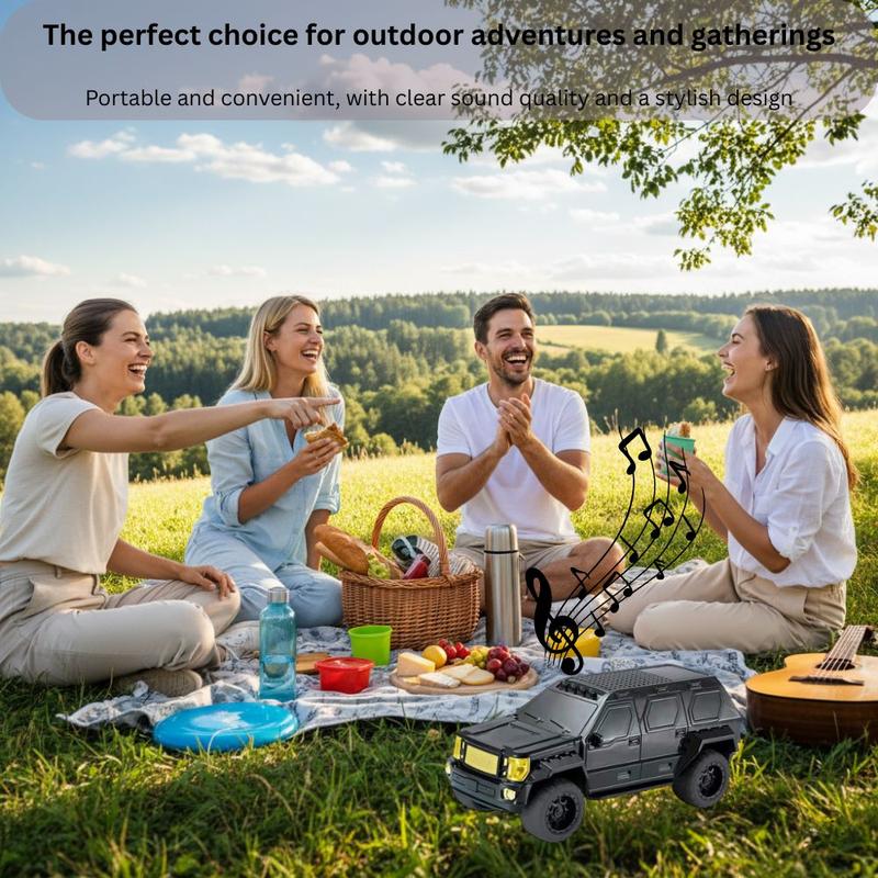 Rugged SUV car-shaped Bluetooth wireless speaker with LED lights, WSTER WS-1869, portable desk accessory.