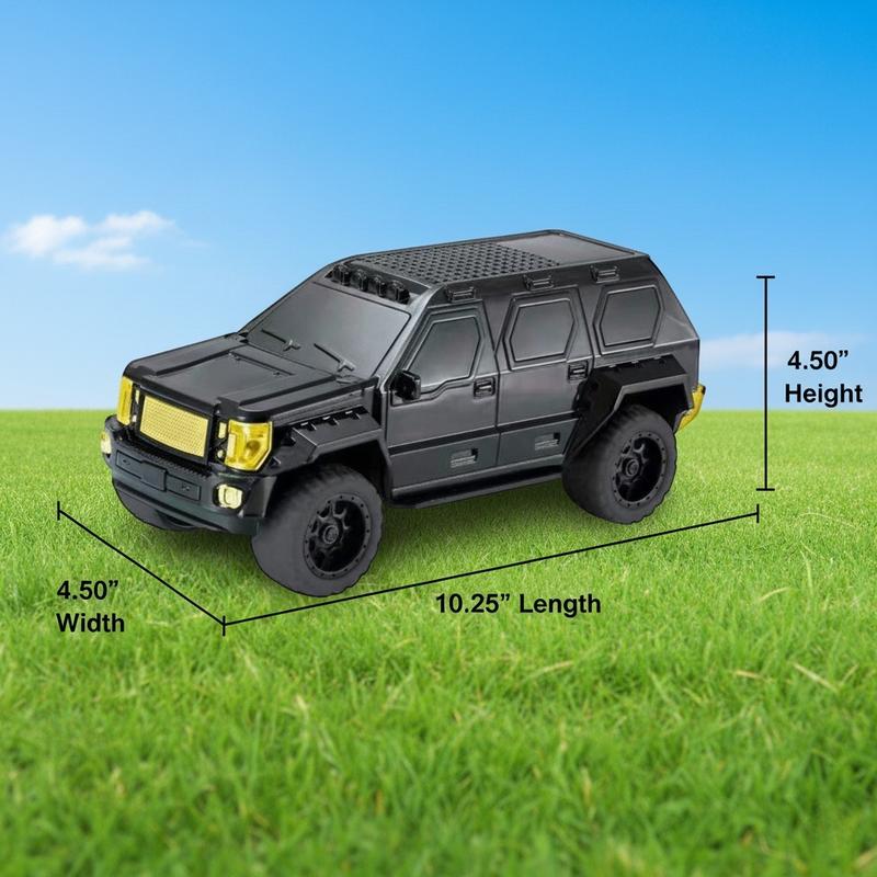 Rugged SUV car-shaped Bluetooth wireless speaker with LED lights, WSTER WS-1869, portable desk setup accessory.